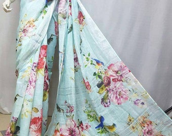 Linen by linen 100 count digital printed sea green pure organic handwoven saree with floral and bird design,seagreen linen saree with blouse