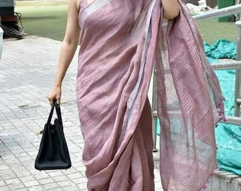 Pink linen saree,Linen by linen 100 count white pure organic handwoven saree with silver zari border,Linen saree with blouse,celebrity sari