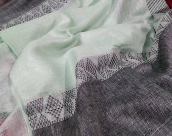 Light green linen saree,Pure Linen 100 count organic handwoven saree with wide border,Linen saree with blouse,Dobby weaving saree,pure linen