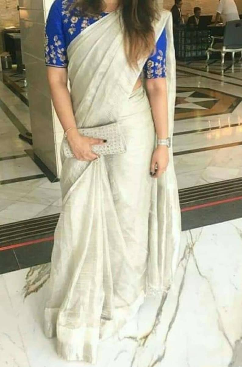 Linen tissue silver color pure organic handwoven saree with contrast silver zari border,tissue saree,Silver linen tissue saree with blouse