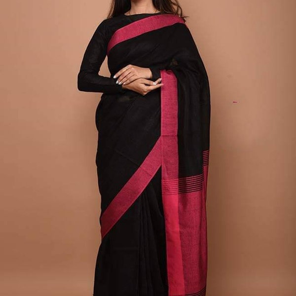 Black linen saree with pink border,Linen by linen 100 count black pure organic handwoven saree,black linen saree,black saree with blouse