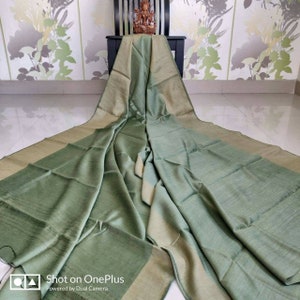 Tussar Munga pure silk saree in moss green color,Moss green tussar munga silk saree,handwoven Munga silk saree,moss green munga saree