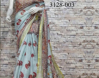 Linen 100 count digital printed light blue pure organic handwoven saree with floral design,linen saree,Organic linen saree,Partywear saree