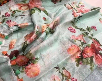 Linen 100 count digital printed sea green pure organic handwoven saree with floral design and silver zari border,Sea green linen saree,Saree