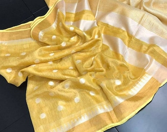 Yellow linen tissue saree with silver temple and buta weaving work,Yellow tissue linen saree,handwoven temple border linen saree and blouse