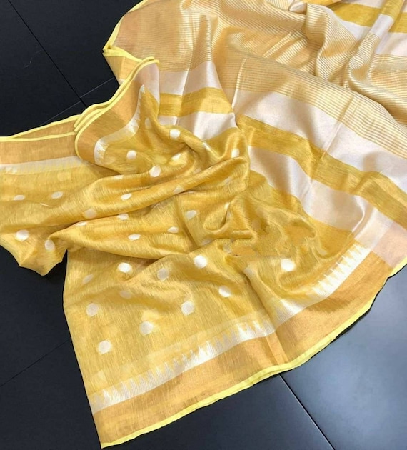 Yellow linen tissue saree with silver temple and buta weaving work,Yellow tissue linen saree,handwoven temple border linen saree and blouse