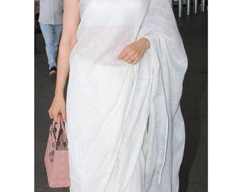 White linen saree,Linen by linen 100 count white pure organic handwoven saree with silver zari border,Linen saree with blouse,celebrity sari
