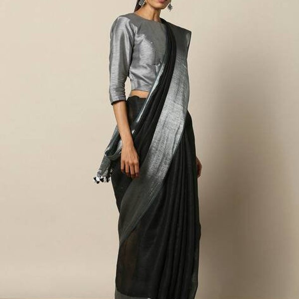 Black Saree With Silver Border Etsy