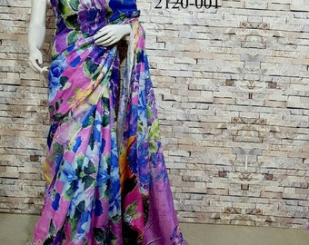 Linen 100 count digital printed multi color pure organic handwoven saree with floral design,Printed linen saree,Multi color partywear saree