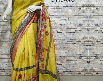 Linen 100 count digital printed yellow pure organic handwoven saree with people design,Printed linen saree,Pure linen saree, Partywear saree
