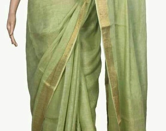 Linen by linen 100 count green pure organic handwoven saree with golden zari border,Green linen saree with blouse,casual saree,office saree