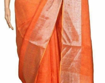 Linen by linen 100 count organic handwoven linen saree in Orange, Pure linen saree with naturall dyes,Orange linen saree,saree with blouse