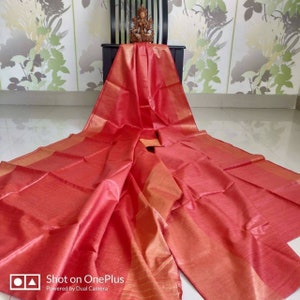 Tussar Munga pure silk saree in brick color,Brick color tussar munga silk saree,handwoven Munga silk saree,Brick color Munga saree,silk sari