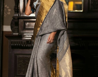Linen by linen 100 count gray pure organic handwoven saree with wide golden zari border,Gray linen saree,wide zari border saree,Gray saree