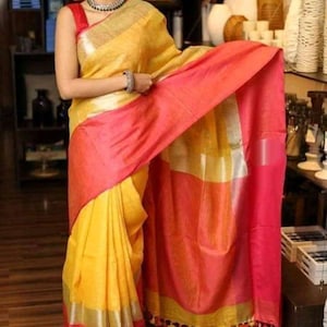 Linen by linen 100 count yellow with pink pure organic handwoven saree with silver zari,yellow linen saree with blouse,wide border saree