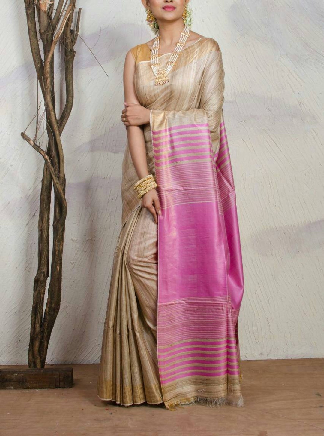 Beige Tussar Saree With Unstitched Blouse main image 0