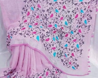 Linen by linen 100 count pink  embroidered pure organic handwoven saree with silver zari border,Embroidered linen saree with blouse,saree