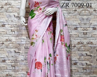 Roze linnen door linnen 100 tellen digitale gedrukte zuivere organische handgeweven saree met bloemig ontwerp, saree met blouse, Roze linnen saree,Linnen saree