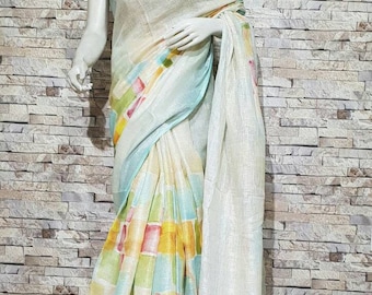 Printed Linen saree,Linen 100 count digital printed offwhite pure organic handwoven saree,Floral designed linen saree,Partywear linen saree