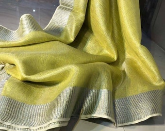 Linen tissue yellow pure organic handwoven saree with silver border,yellow linen tissue saree,Lenin saree,Ethnic saree,Saree with blouse