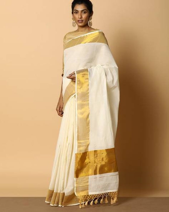Off white saree top with gold border