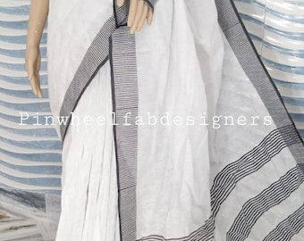White linen tissue saree,Pure Linen 100 count organic handwoven saree with black border,saree with blouse,Indian saree,Bhagalpur linen saree