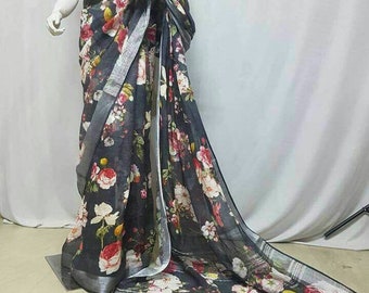Linen by linen 100 count digital printed black pure organic handwoven saree with floral design and silver zari border,black linen saree,sari