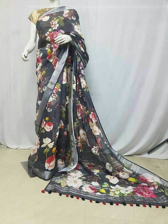 Linen by linen 100 count digital printed black pure organic handwoven saree with floral design and silver zari border,black linen saree,sari