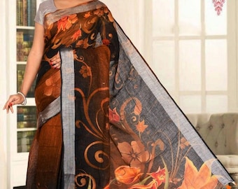Linen by linen 100 count digital printed brown with black organic handwoven saree with floral design,brown saree,linen saree with blouse