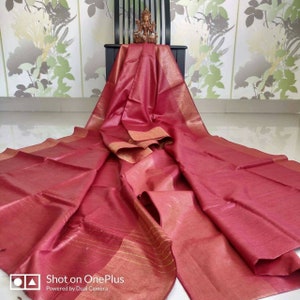 Tussar Munga pure silk saree in red color,Red tussar munga silk saree,handwoven Munga silk saree,Red Munga saree,partywear silk saree