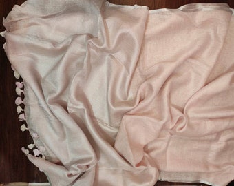 Linen by linen 100 count light peach organic handwoven saree in narrow silver zari border, light peach linen saree,linen saree with blouse