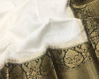 Banarasi linen saree,White banarasi linen saree with black zari border and pallu,handwoven pure linen banarasi saree,Saree with blouse,saree
