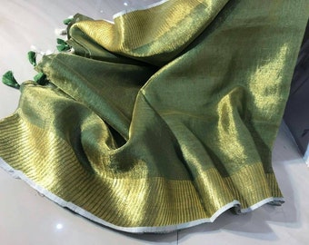 Linen tissue green pure organic handwoven saree with golden border,Green linen tissue saree,Lenin saree,Indian sari with blouse,Green saree