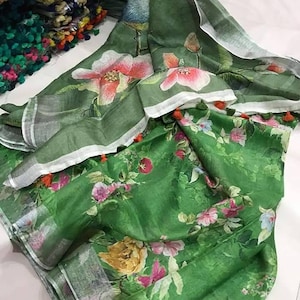 Linen 100 count digital printed green pure organic handwoven saree with floral design and silver zari border,Green linen saree,Partywear