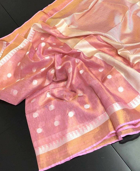 Pink linen tissue saree with silver temple and buta weaving work,Pink tissue linen saree,temple border linen saree,handwoven saree,Pink sari
