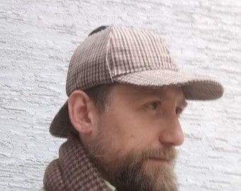 Deerstalker hat, Sherlock Holmes hat, Tweed Sherlock hat, Wool Ear Flaps, Detective Cap, ear flap hat, present for him, detective men's hat