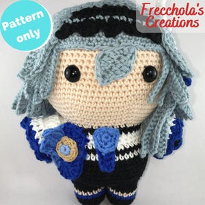 May include: Crochet amigurumi pattern for a blue-haired character with black and white clothing and blue accents. The pattern is for a doll with a round head and large eyes. The pattern is available for purchase.