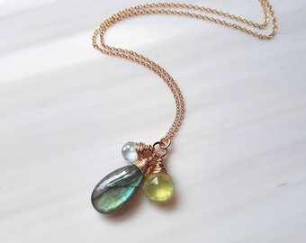 Briolette cluster chain necklace in 14K gold fill with labradorite, prehnite & aquamarine