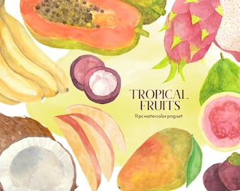 Summer Tropical Fruits Clipart, Watercolor bananas, papaya, mango, beach wedding png