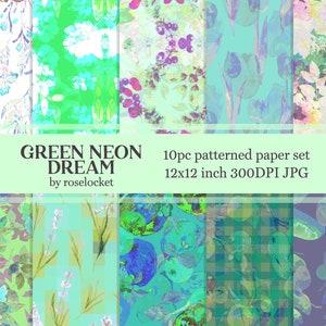 Neon Green Futuristic Glitch Floral Scrapbook Paper, herhalend naadloos patroon, vaporwave