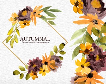 Autumn Watercolor Florals, Sunflower, Burgundy flowers, PNG download