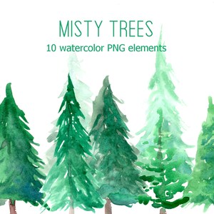 May include: Watercolor painting of a misty forest with 10 green trees. The trees are painted in a soft, watercolor style, with a light green mist surrounding them. The trees are all different shapes and sizes, and they are arranged in a random pattern. The painting is on a white background.