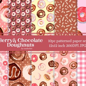 Ensemble de papier beignet au chocolat aux baies, motifs répétitifs de beignet rose