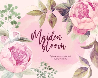 Watercolor Peony Floral Clipart, pink scrapbook elements, wedding watercolor florals, botanical illustration, commercial use