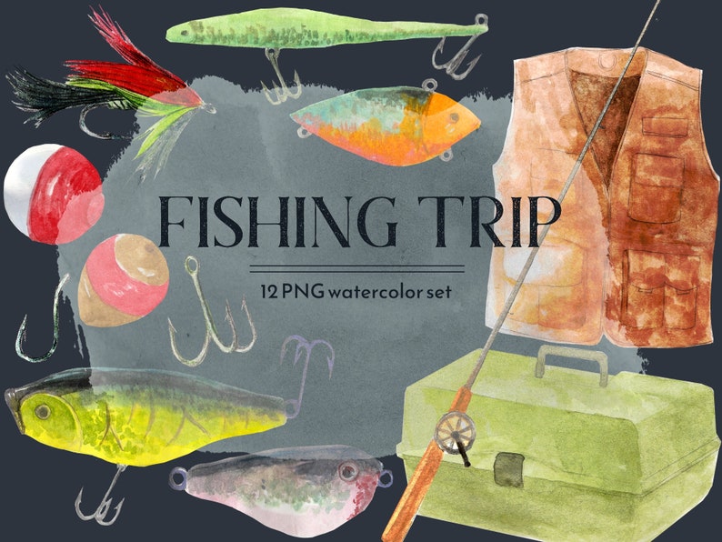 Fishing trip png clipart, summer outdoors, watercolor fish bait, father's day, scrapbooking, commercial use image 2