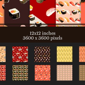 Painted Sushi Digital Paper Set, sushi roll repeating patterns image 2