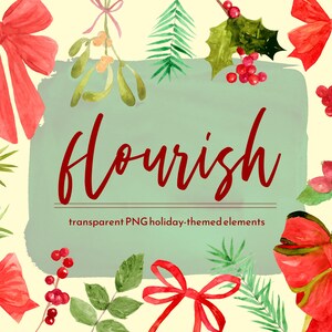 Christmas Bows and Plants, PNG Watercolor Clipart, instant download, holiday card making