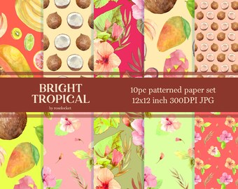 Summer Tropical Fruit and Florals Digital Paper Set, Repeating Patterns