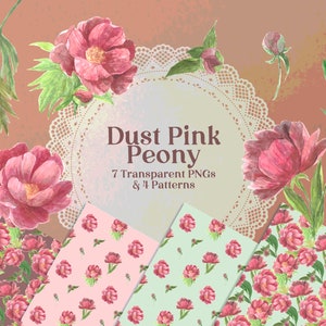 Watercolor Dust Pink Peony PNG Clipart and Paper Patterns, for scrapbooking and card making
