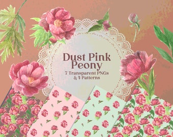 Watercolor Dust Pink Peony PNG Clipart and Paper Patterns, for scrapbooking and card making